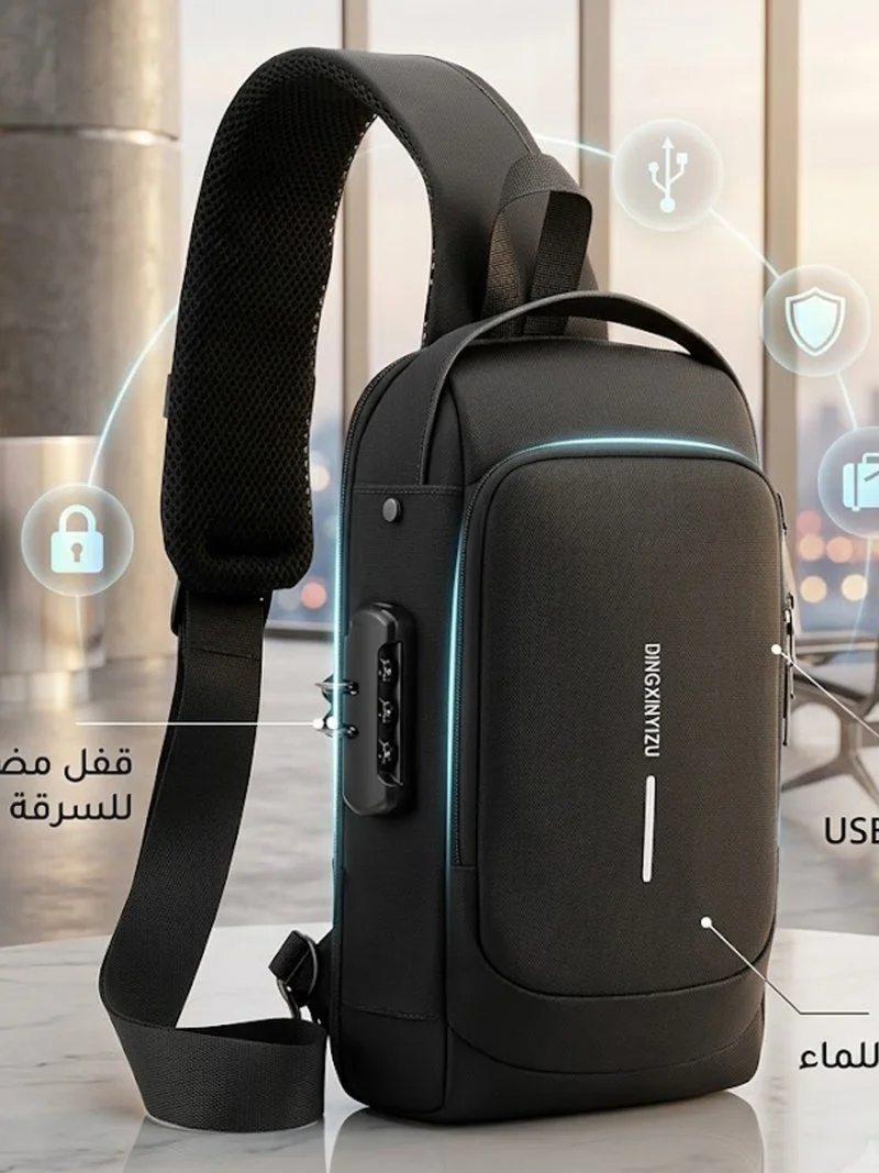 حقيبة كروس متعددة الجيوب، مع منفذ شحن وقفل مانع للسرقة مقاوم للماء بكلمة مرور، للرجال والنساء