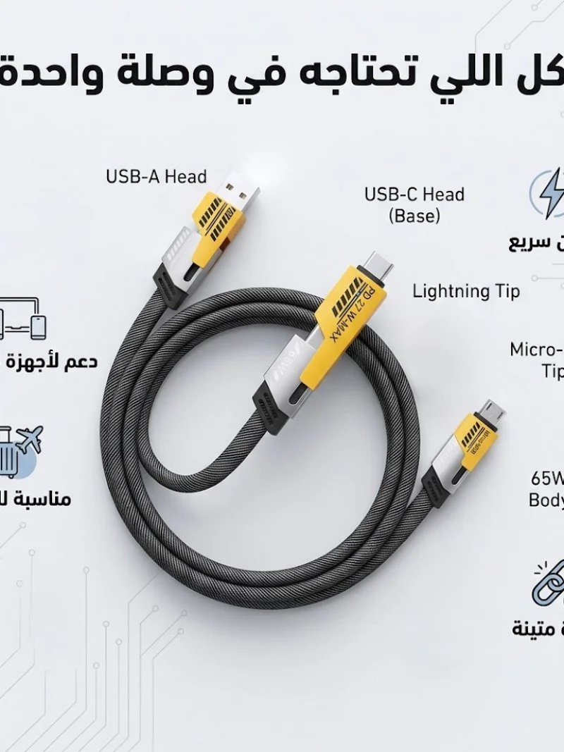 كابل شاحن USB متعدد 15 سم، شحن سريع 65 واط 3 في 1