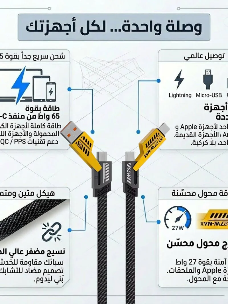 كابل شاحن USB متعدد 15 سم، شحن سريع 65 واط 3 في 1