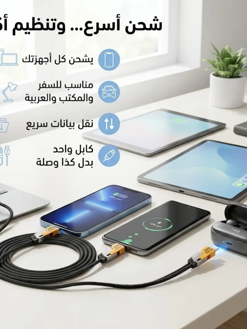 كابل شاحن USB متعدد 15 سم، شحن سريع 65 واط 3 في 1